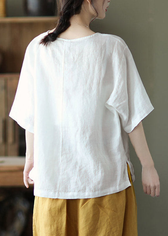 White O-neck Print Linen T Shirt Half Sleeve