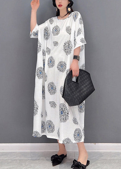 White O-neck Print Long Dress Half Sleeve