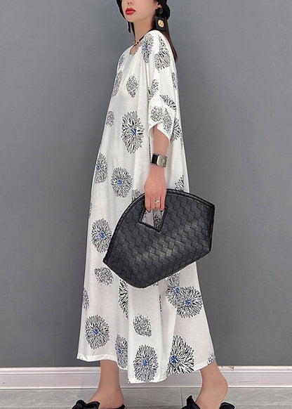 White O-neck Print Long Dress Half Sleeve
