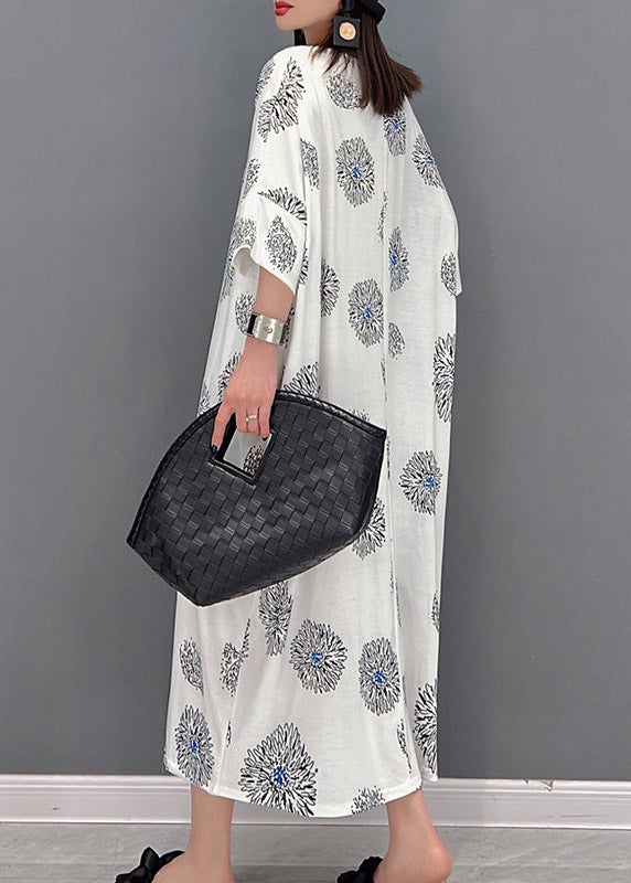 White O-neck Print Long Dress Half Sleeve