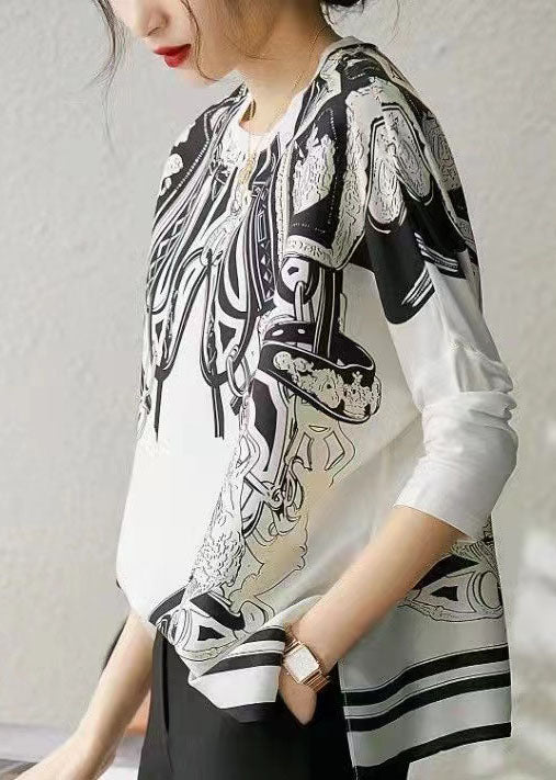 White O Neck Print Patchwork Silk T Shirt Top Spring