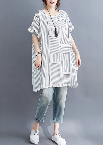 White O-neck Striped Linen Tank Tops Short Sleeve