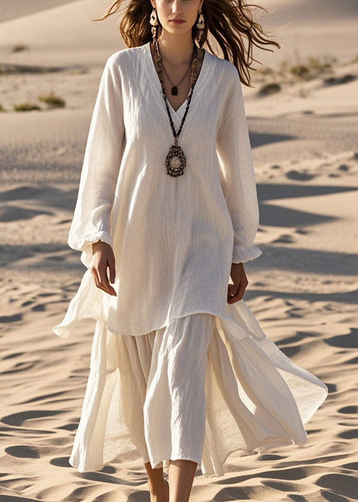 White Oversized Cotton Fake Two Piece Dresses Spring
