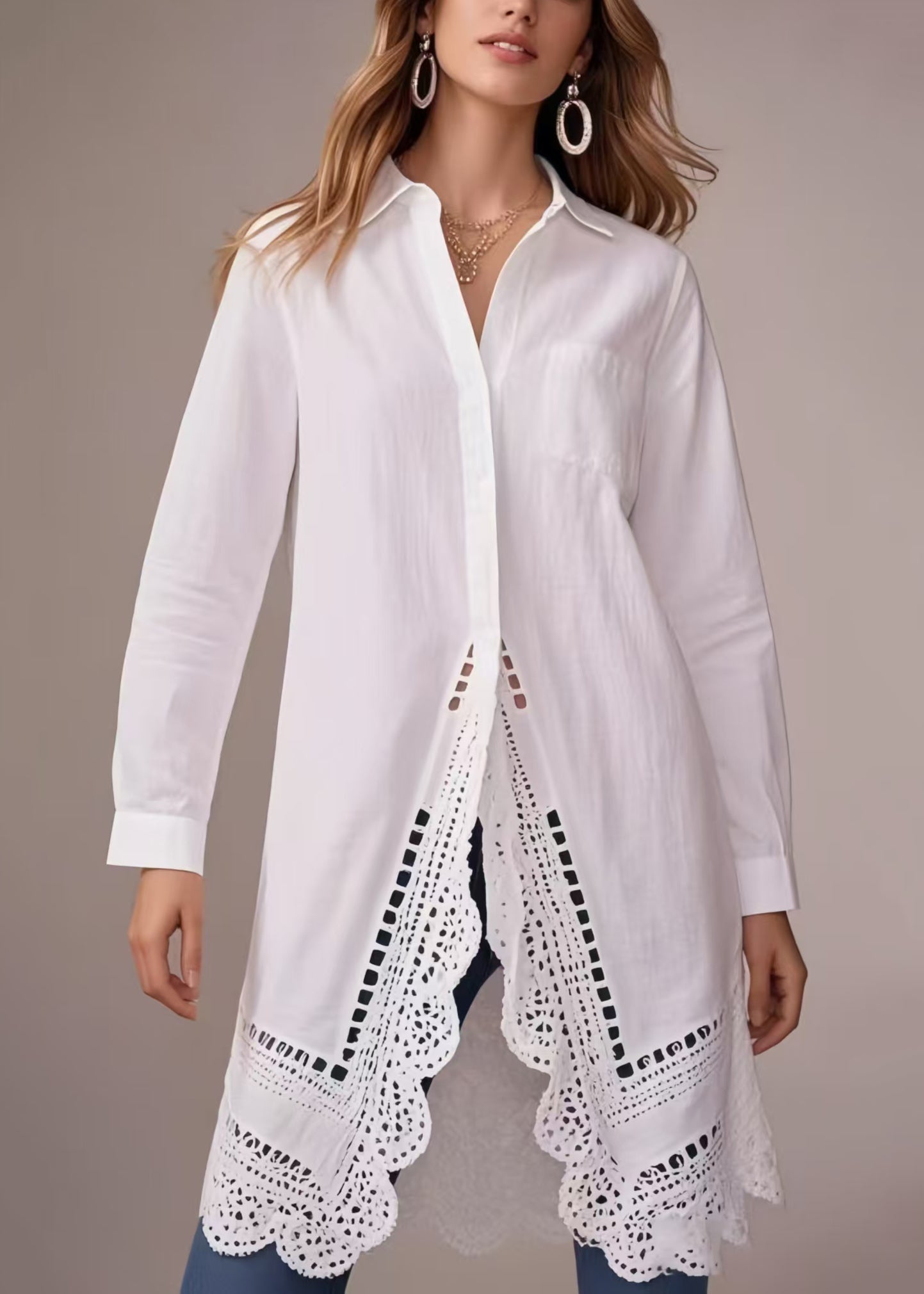 White Oversized Hollow Out Cotton Long Shirts Spring