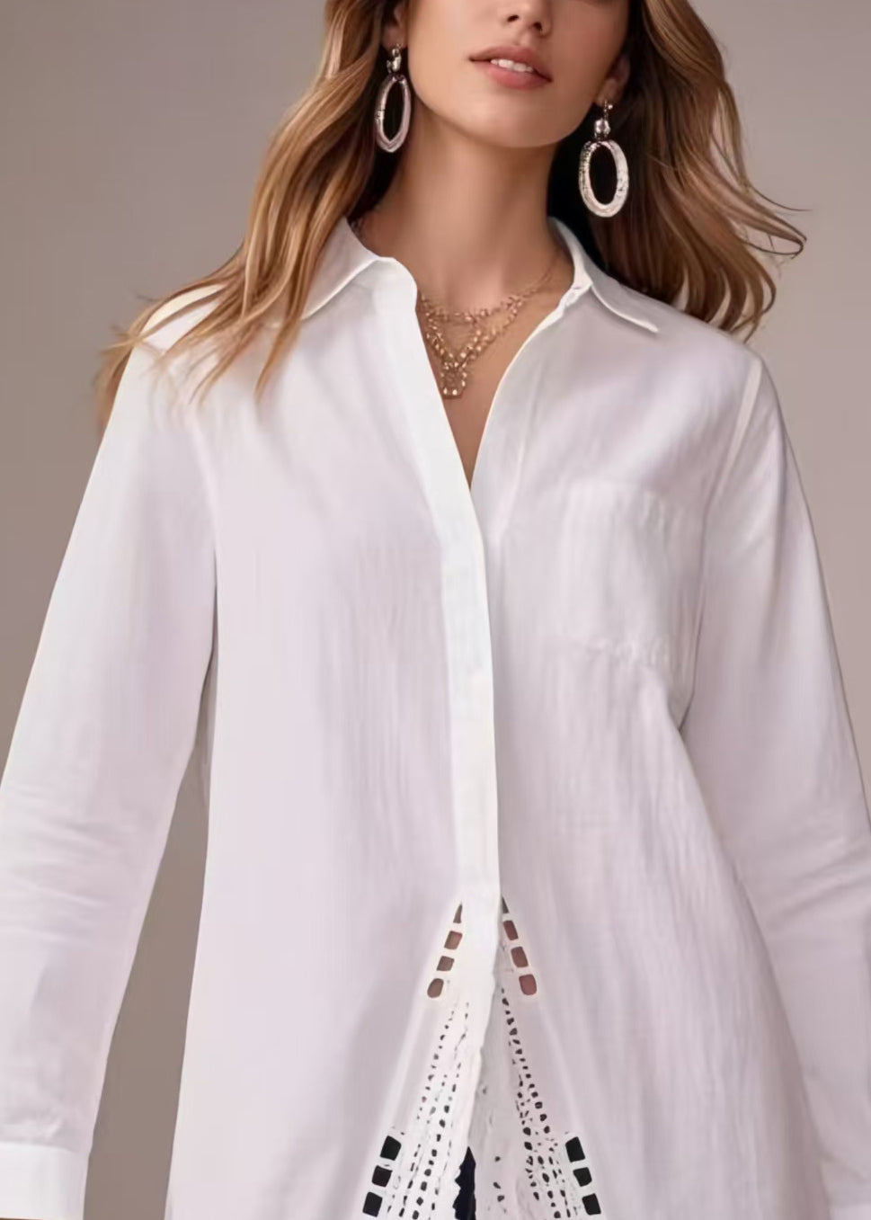 White Oversized Hollow Out Cotton Long Shirts Spring