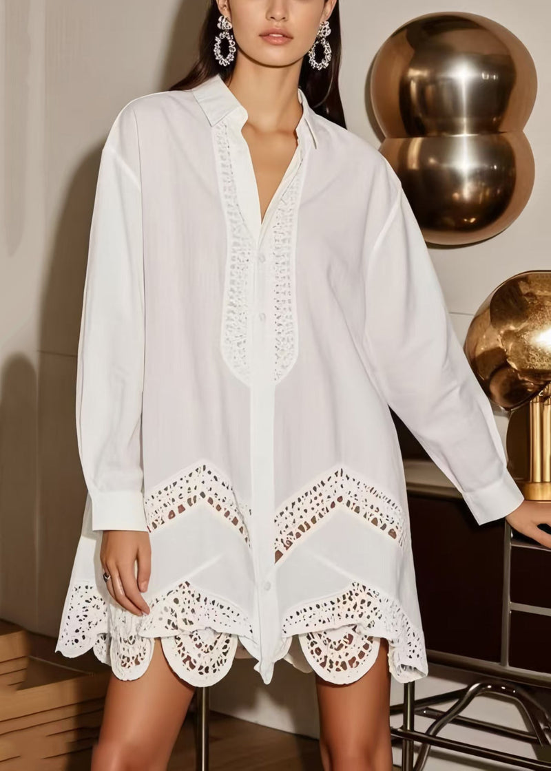 White Oversized Hollow Out Cotton Shirt Dress Spring