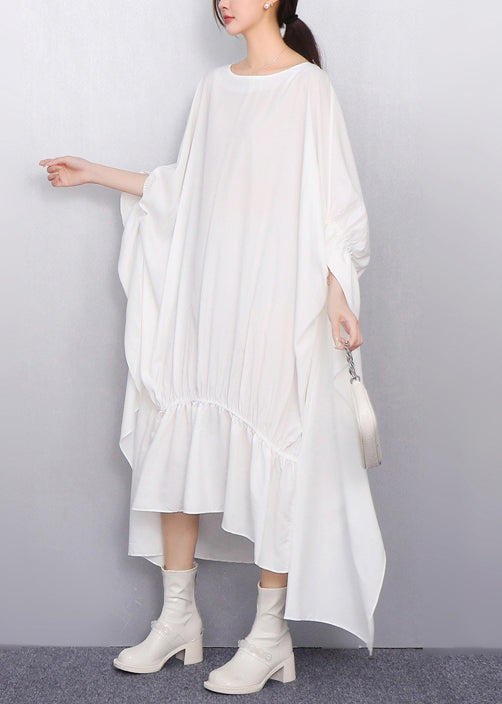 White Oversized Low High Design Cotton Dress Batwing Sleeve