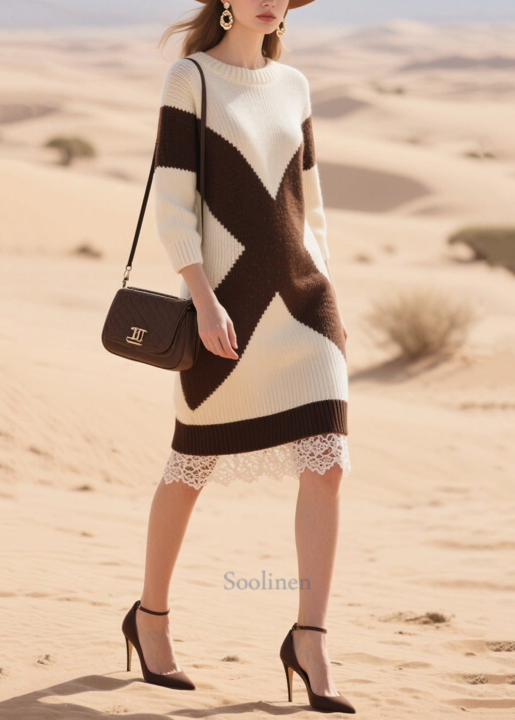 White Oversized Patchwork Lace Knitwear Dress Winter
