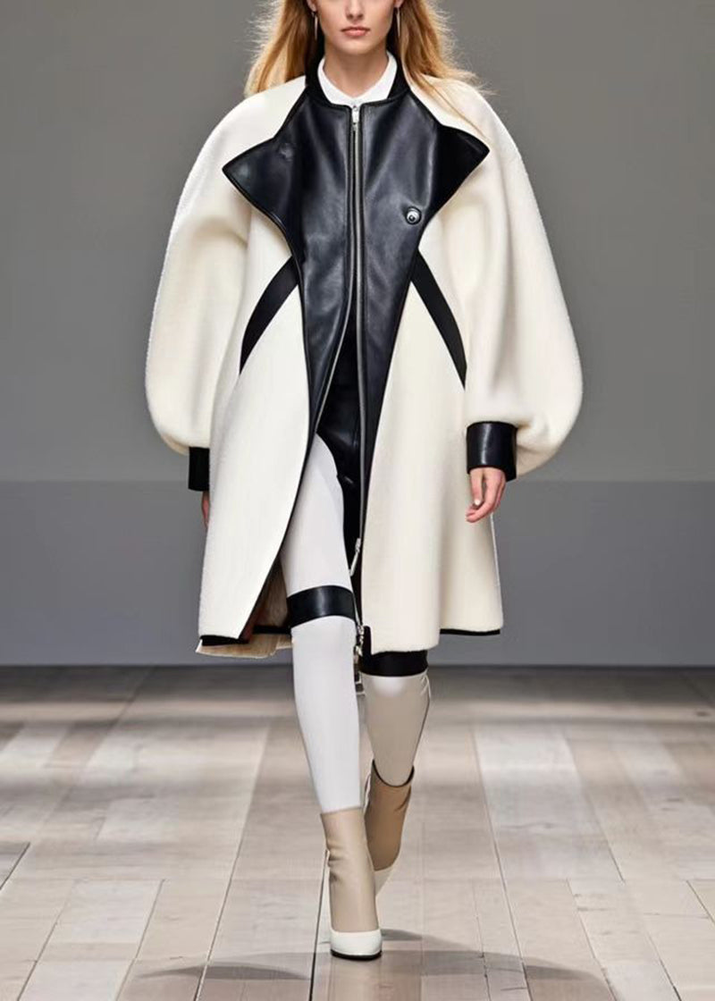 White Oversized Patchwork Woolen Coat Outwear Fall
