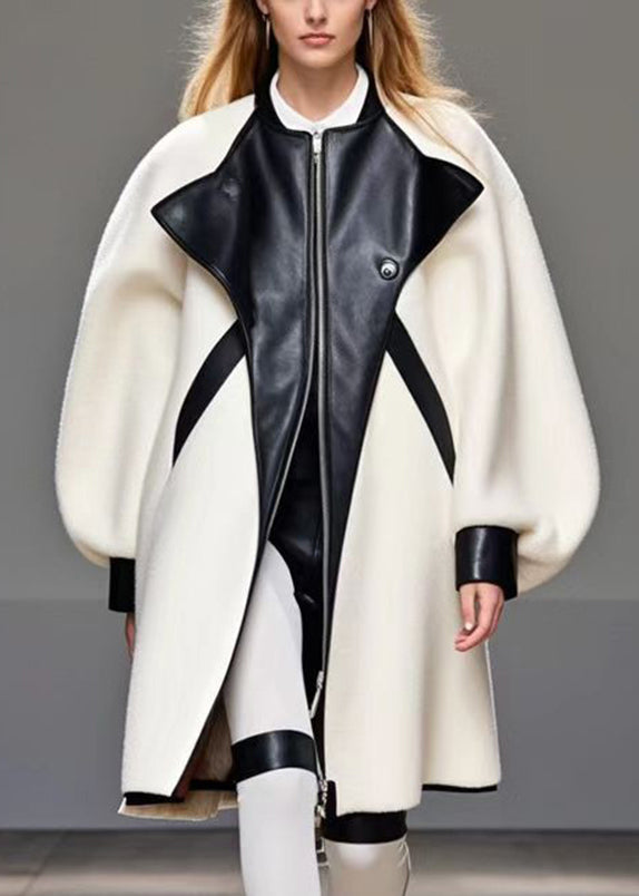 White Oversized Patchwork Woolen Coat Outwear Fall