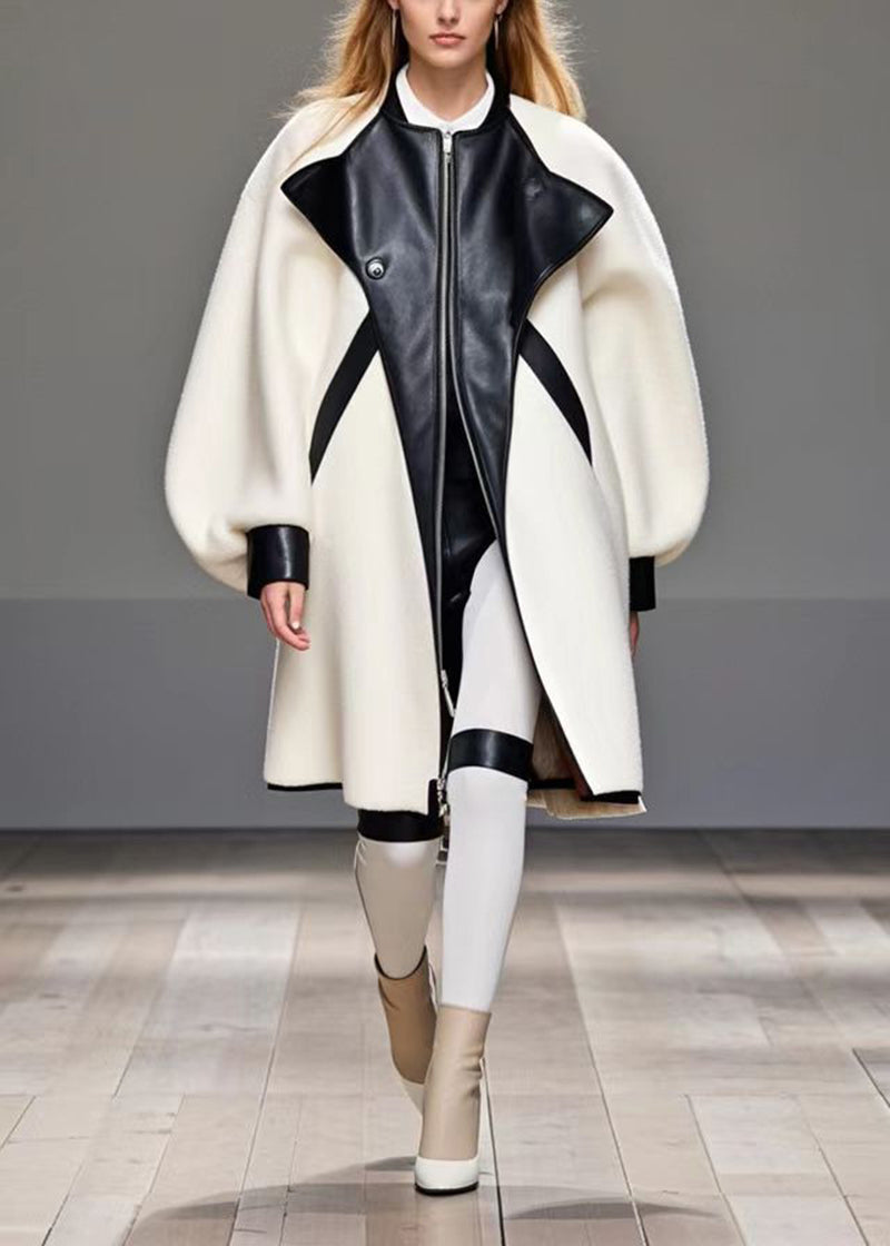 White Oversized Patchwork Woolen Coat Outwear Fall