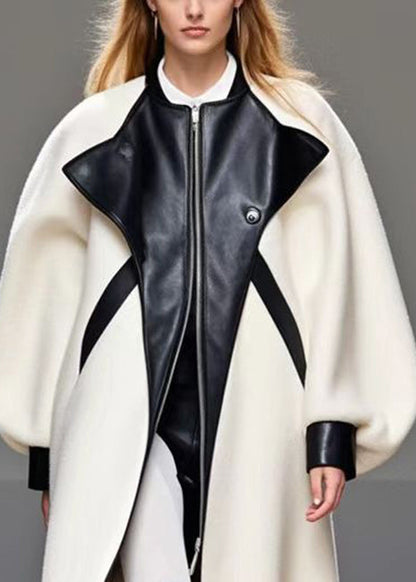 White Oversized Patchwork Woolen Coat Outwear Fall