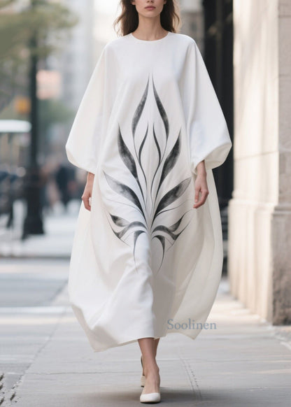 White Oversized Print Chiffon Dress Lantern Sleeve