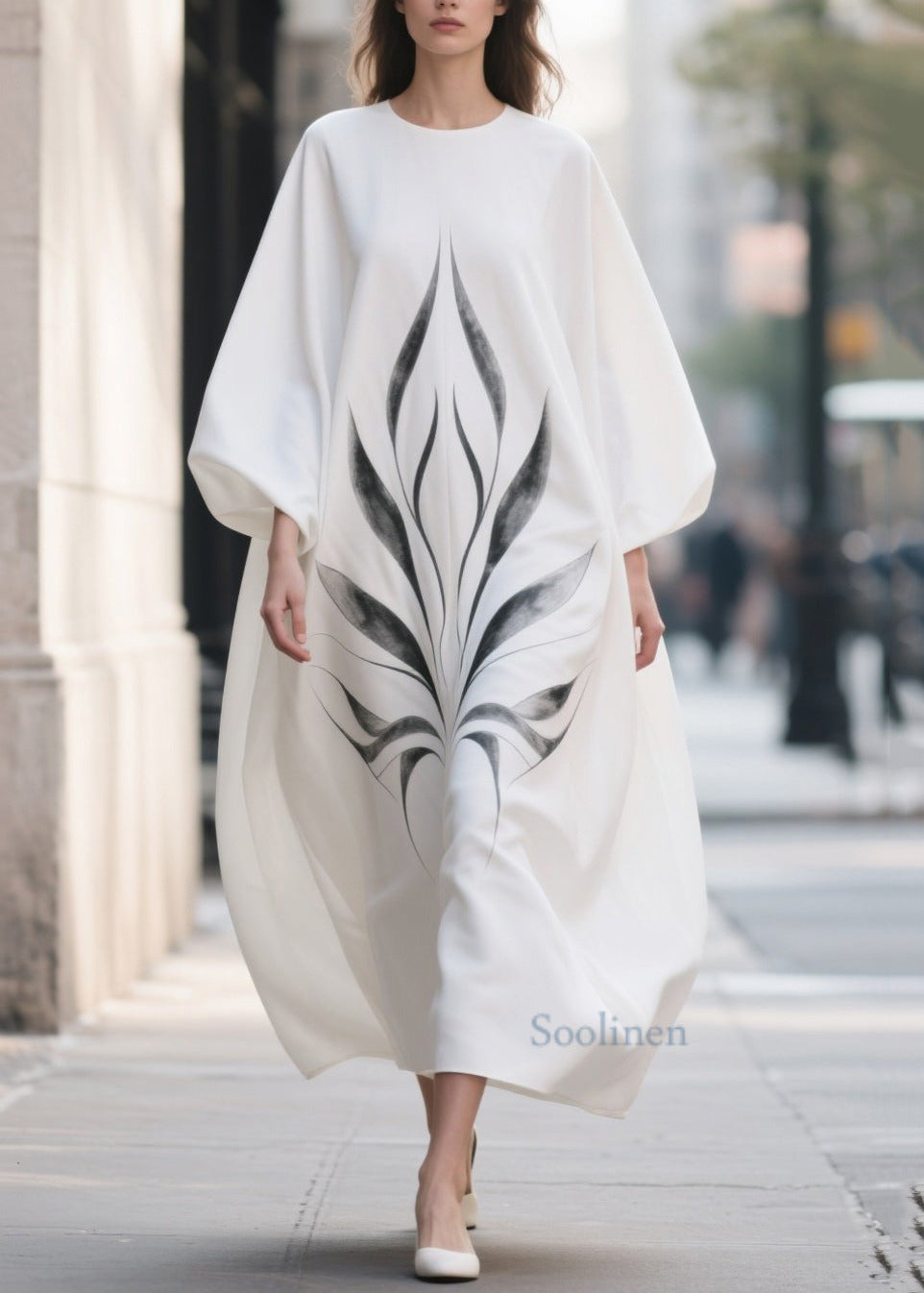 White Oversized Print Chiffon Dress Lantern Sleeve