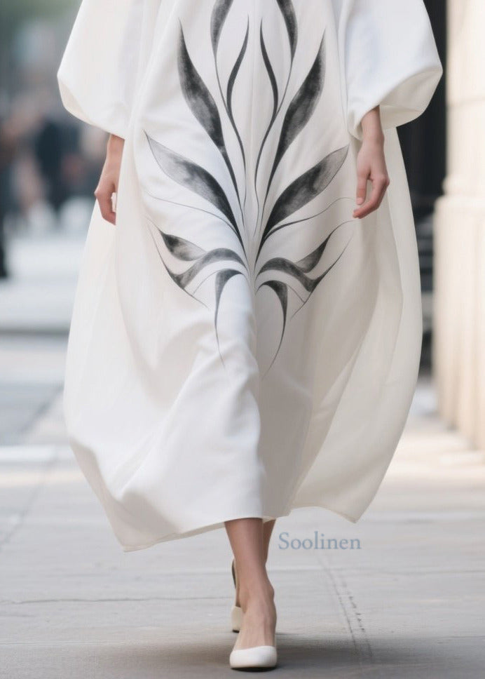 White Oversized Print Chiffon Dress Lantern Sleeve
