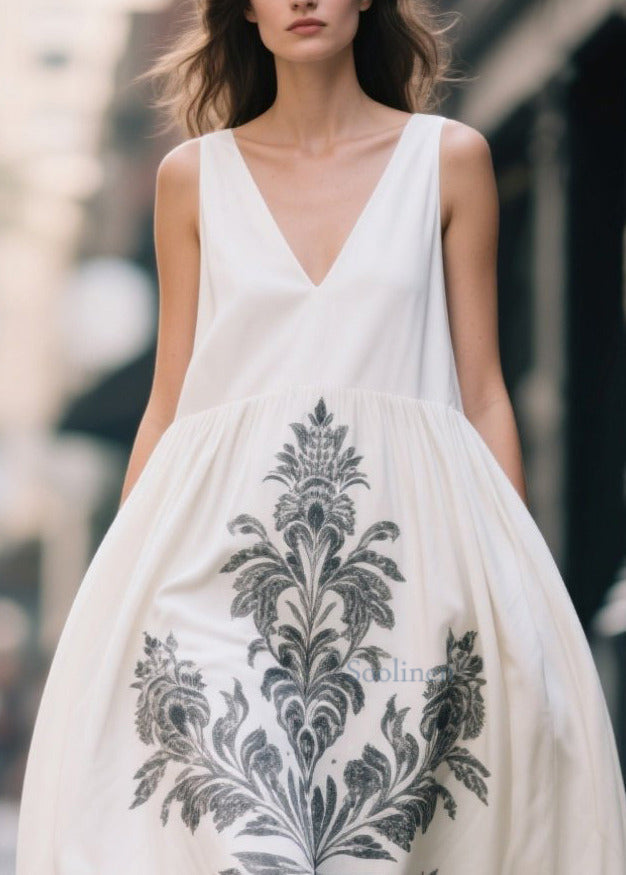 White Oversized Print Cotton Maxi Dress Summer