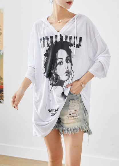 White Oversized Print Cotton Pullover Fall