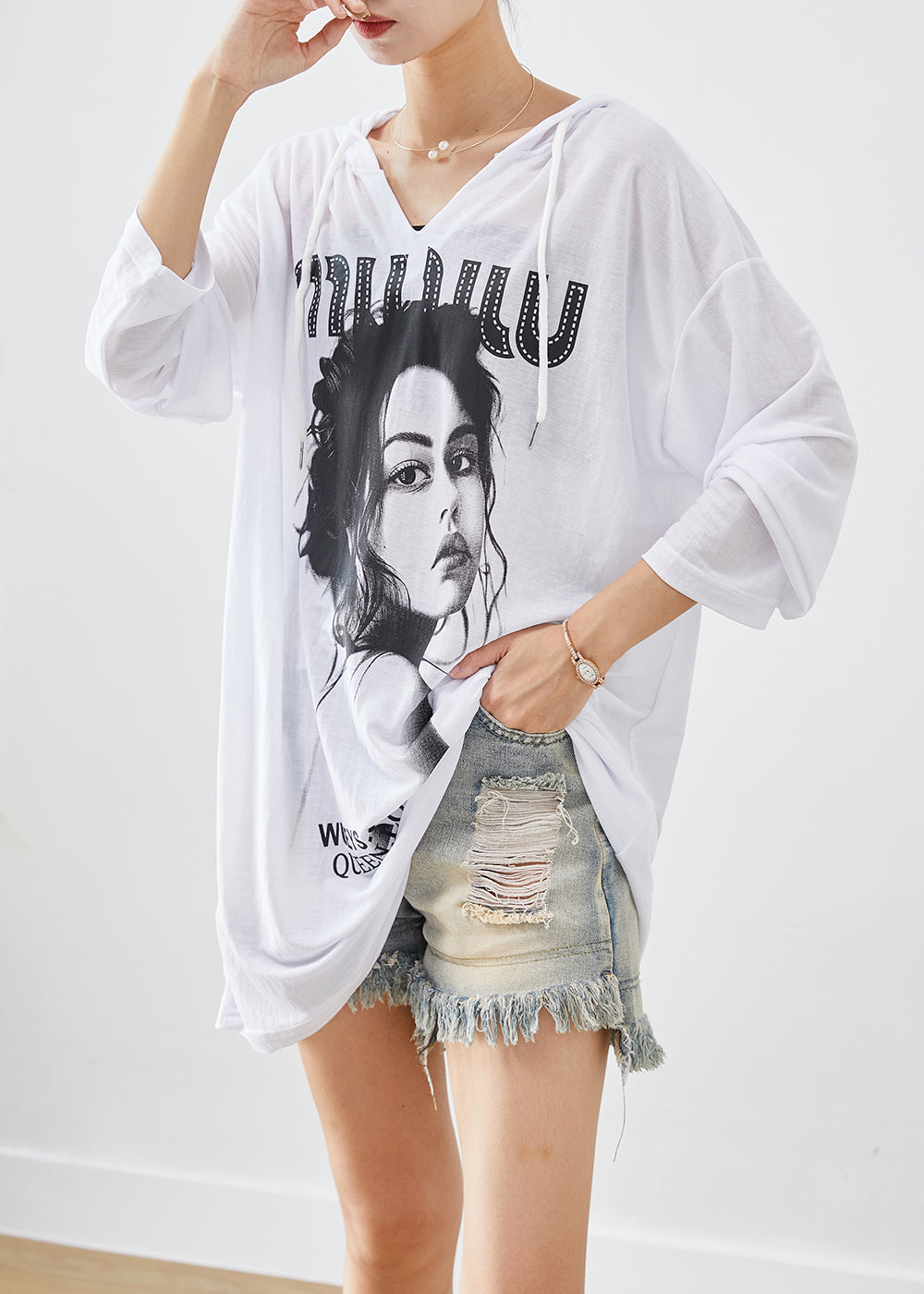White Oversized Print Cotton Pullover Fall
