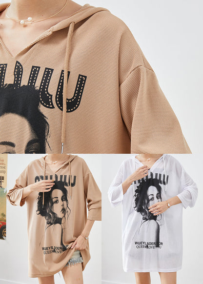 White Oversized Print Cotton Pullover Fall
