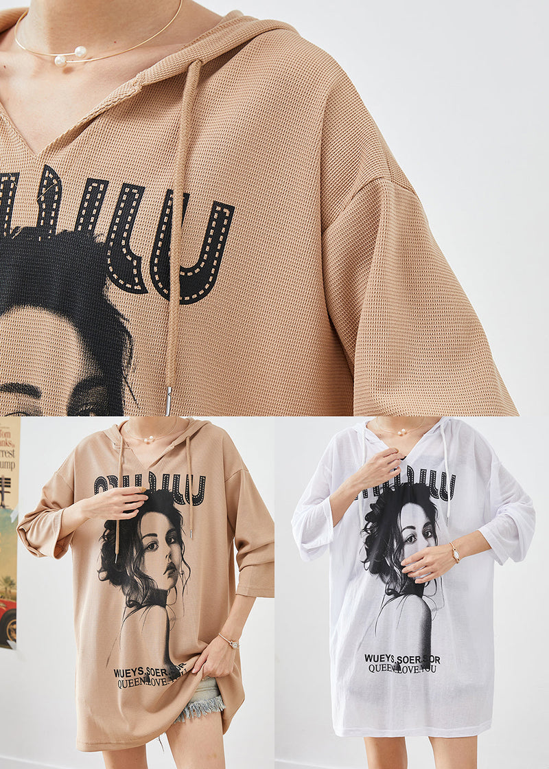 White Oversized Print Cotton Pullover Fall