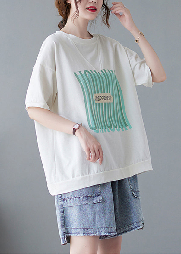 White Oversized Print Cotton Tanks Summer