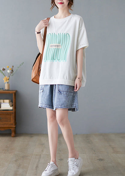 White Oversized Print Cotton Tanks Summer