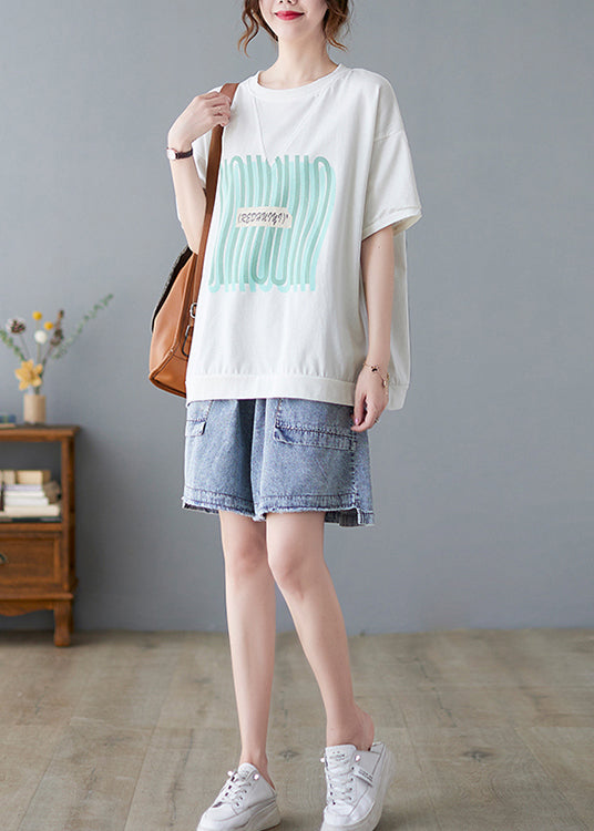 White Oversized Print Cotton Tanks Summer