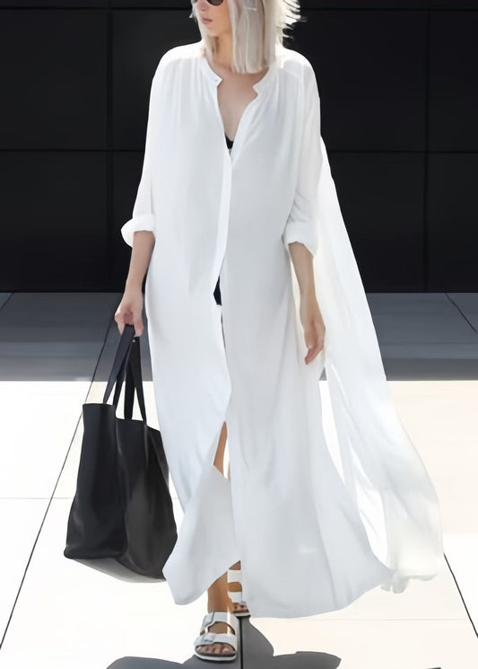 White Oversized Side Open Cotton Upf 50+ Long Shirts Summer