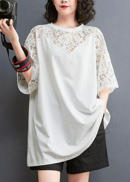 White Patchwork Lace O-neck Cotton Tee Summer