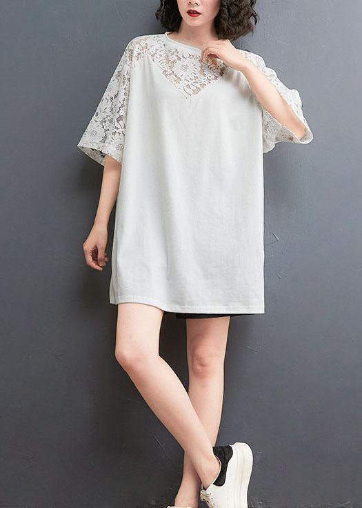 White Patchwork Lace O-neck Cotton Tee Summer