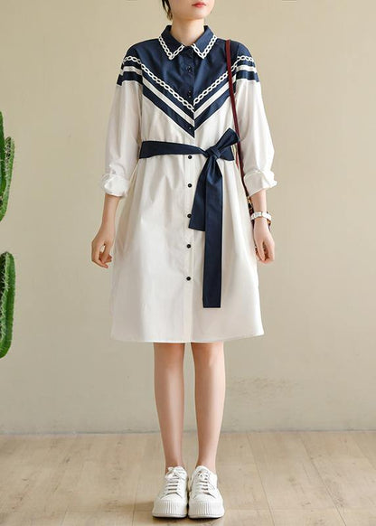 White Patchwork Peter Pan Collar Cotton Long Sleeve Spring Dresses