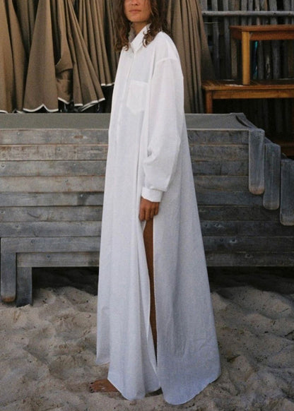 White Peter Pan Collar Button Cotton Maxi Dress Fall