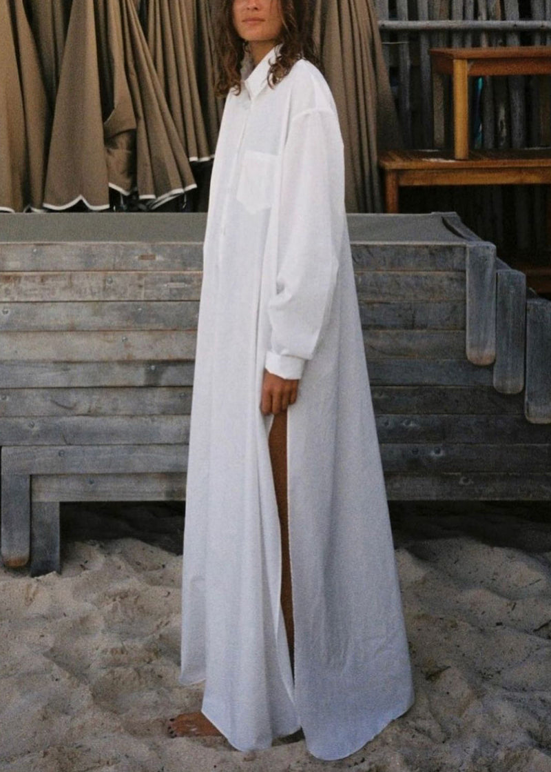 White Peter Pan Collar Button Cotton Maxi Dress Fall
