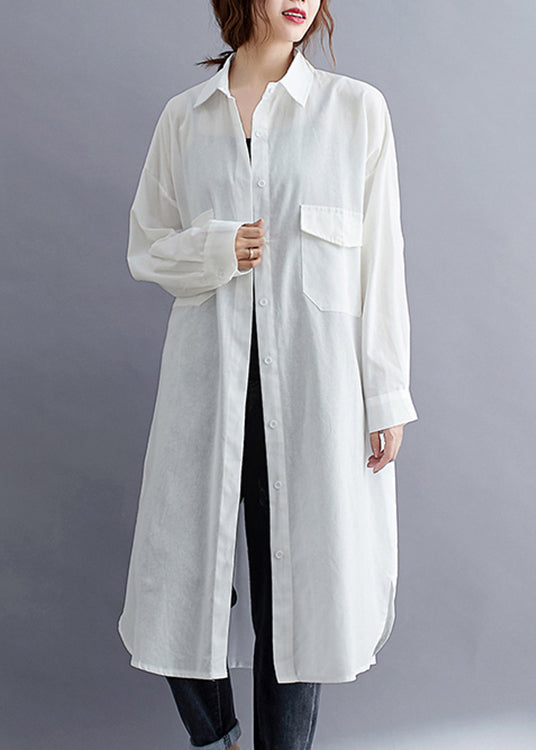 White Peter Pan Collar Button Patchwork Cotton Shirts Dress Fall