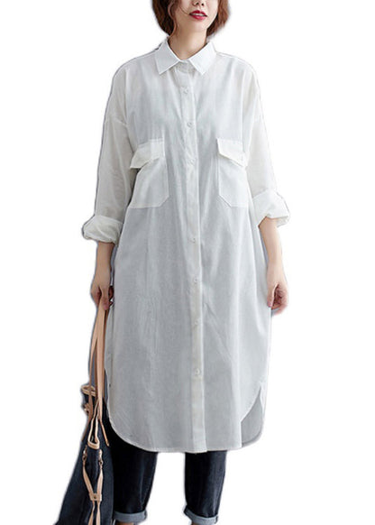 White Peter Pan Collar Button Patchwork Cotton Shirts Dress Fall