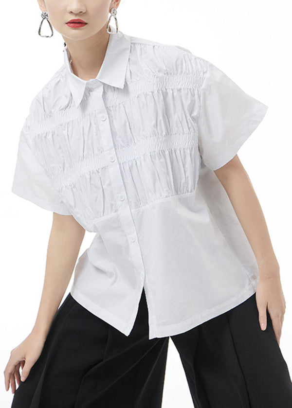 White Peter Pan Collar Cotton Blouse Top Short Sleeve