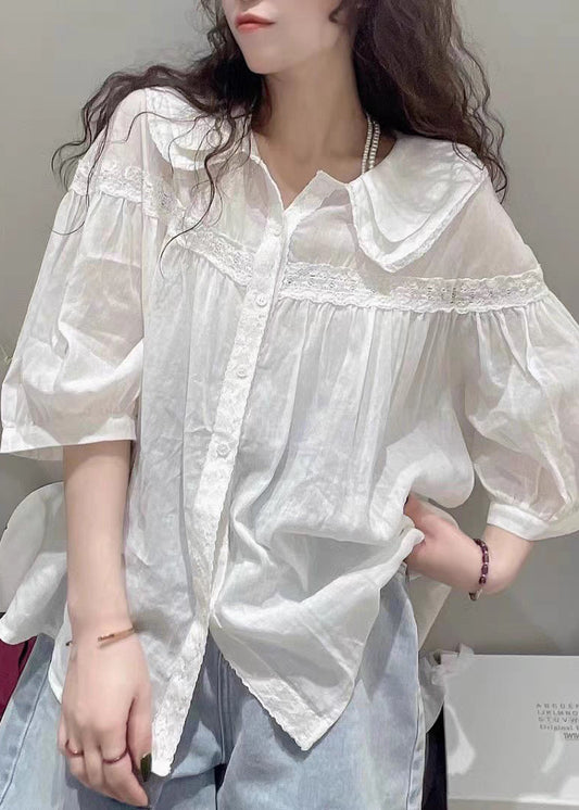 Plus Size White Peter Pan Collar Lace Cotton Blouses Half Sleeve