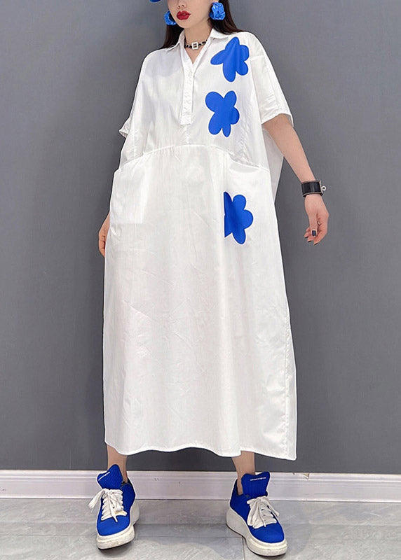 White Peter Pan Collar Print Long Dresses Short Sleeve