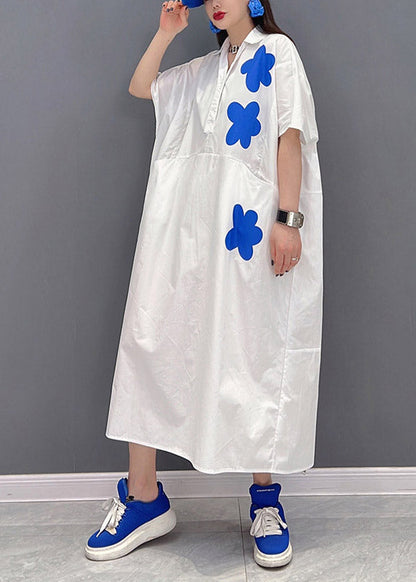White Peter Pan Collar Print Long Dresses Short Sleeve