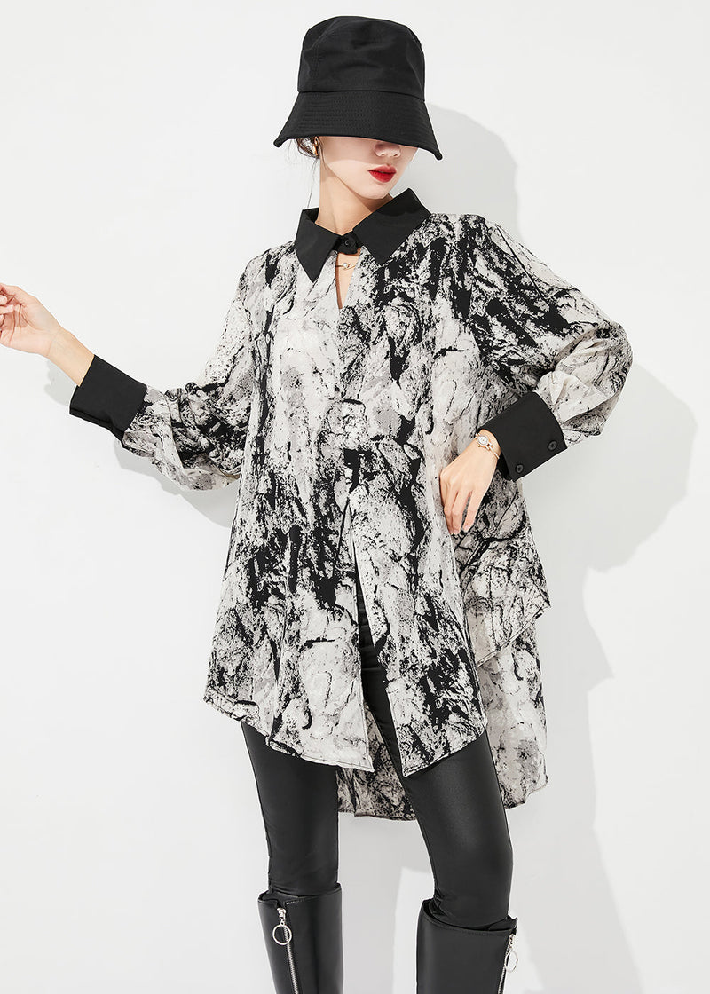 White Peter Pan Collar Tie Dye Chiffon Long Shirts Spring