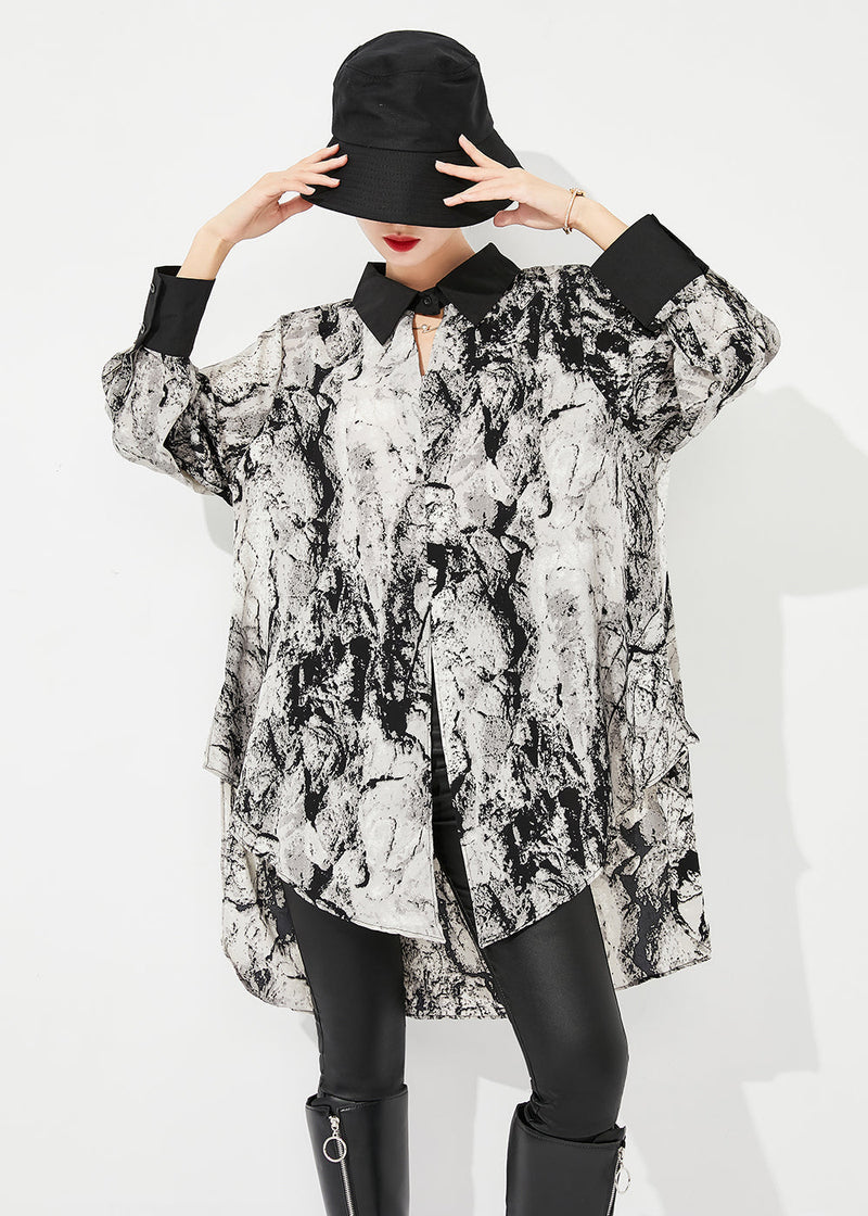 White Peter Pan Collar Tie Dye Chiffon Long Shirts Spring