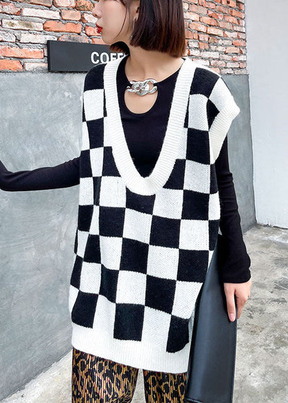 White Plaid V Neck Fall Knit Vest