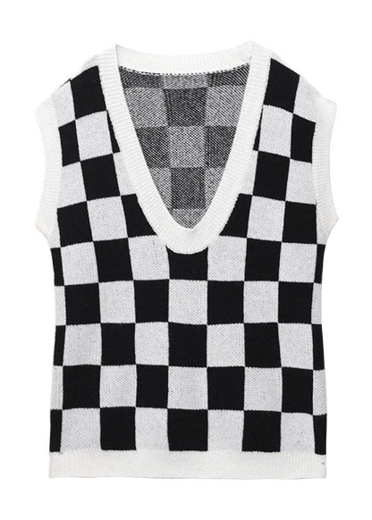 White Plaid V Neck Fall Knit Vest