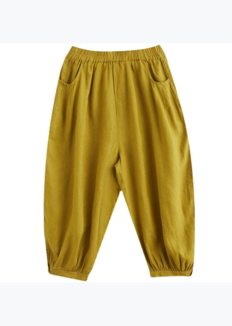 White Pockets Elastic Waist Cotton Lantern Pants Spring