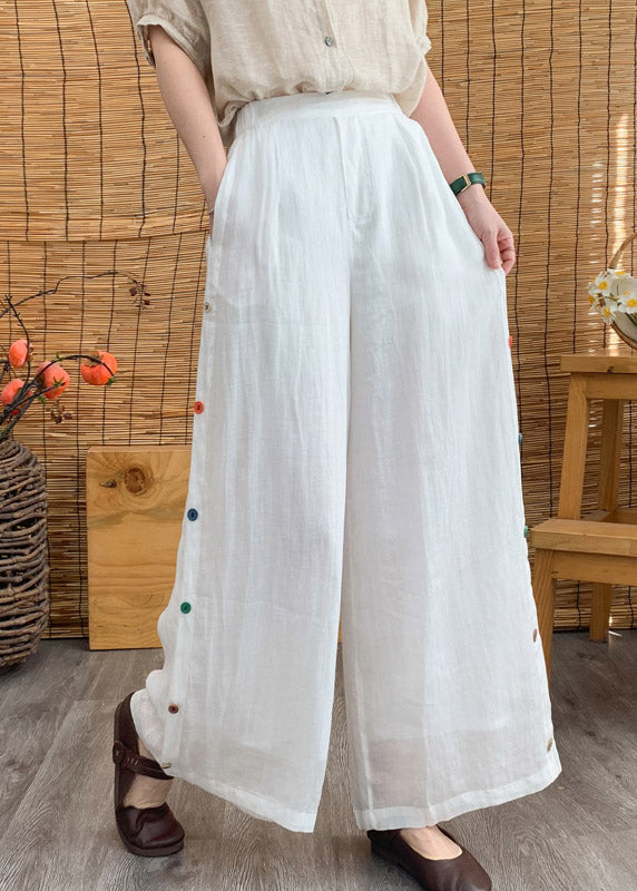 White Pockets Patchwork Linen Long Pants Summer