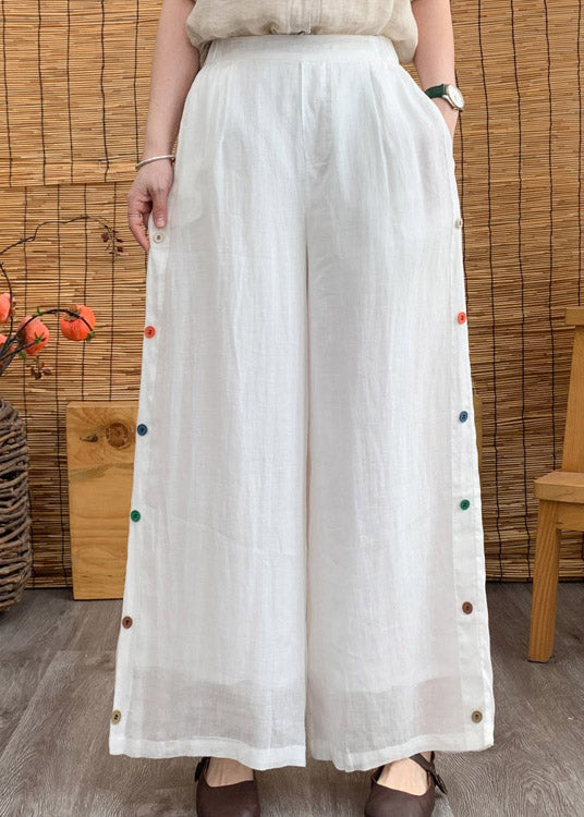 White Pockets Patchwork Linen Long Pants Summer
