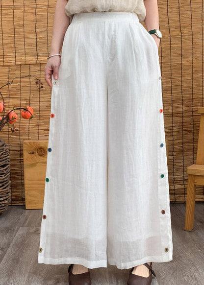 White Pockets Patchwork Linen Long Pants Summer