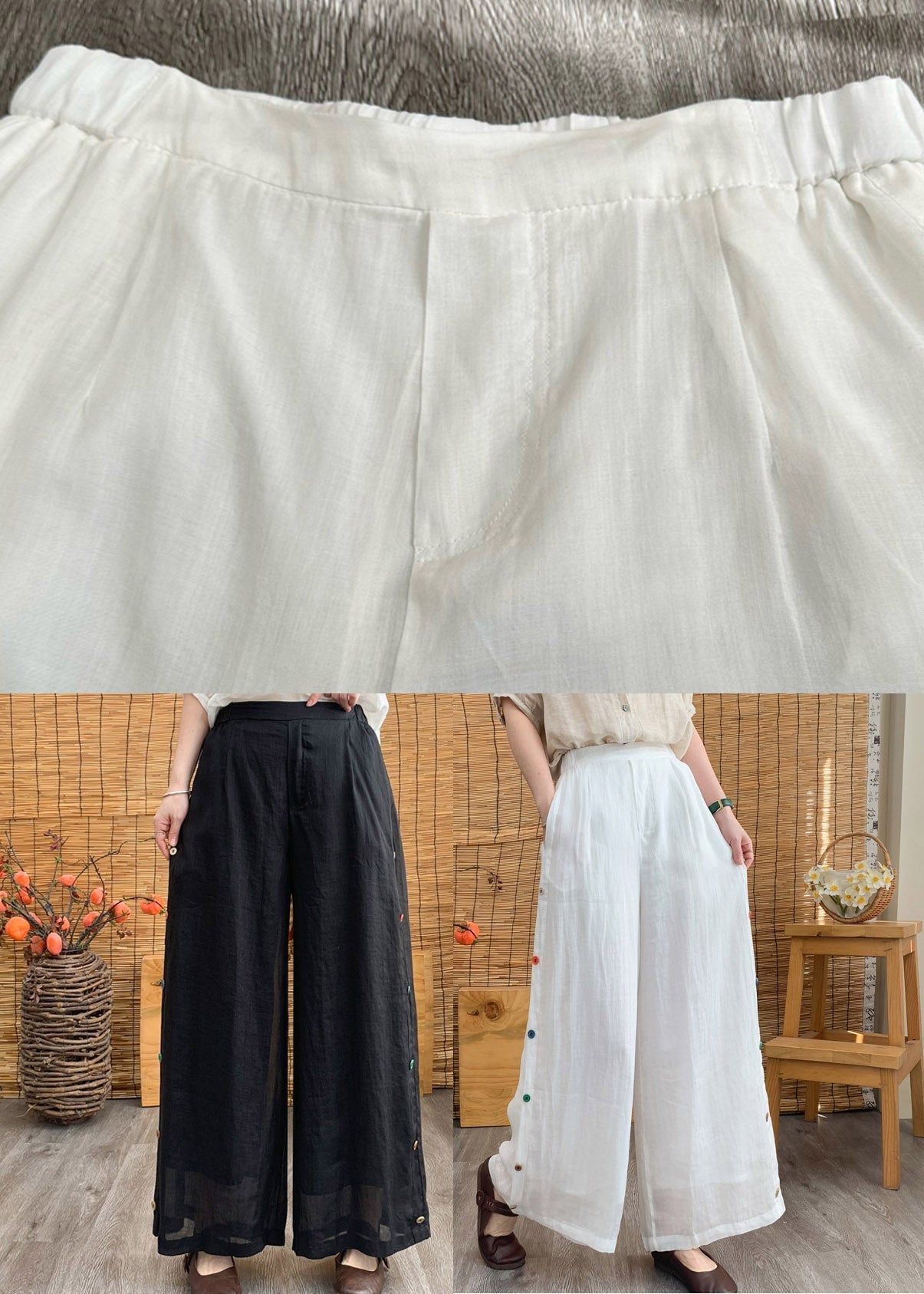 White Pockets Patchwork Linen Long Pants Summer