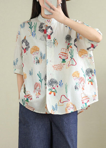 White Print Button Shirts Summer