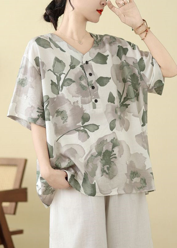 White Print Button T Shirt Summer